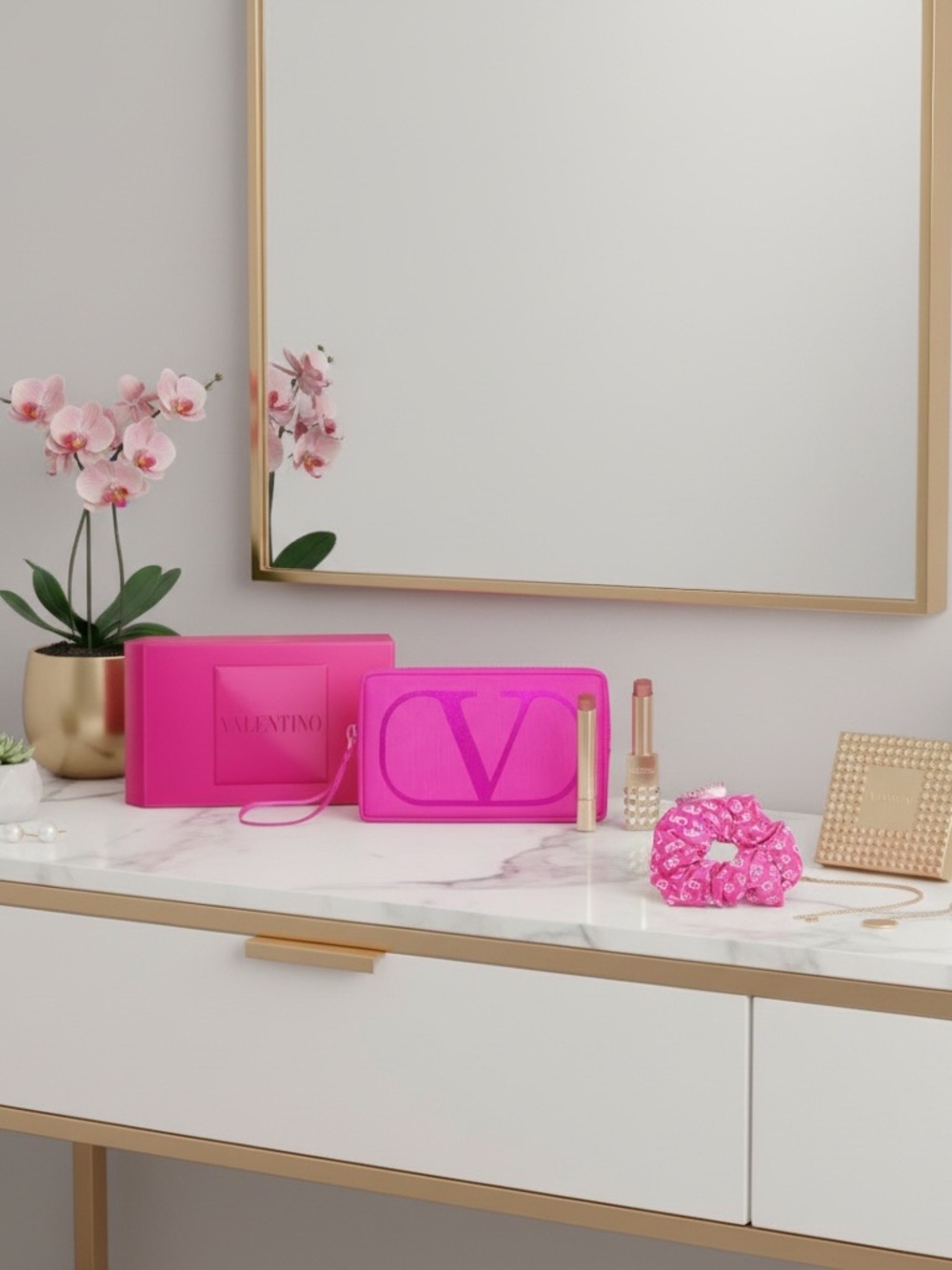 NWT Valentino Beauty Spike Lipstick & Pouch Gift Set with Scrunchie & Clutch/Box